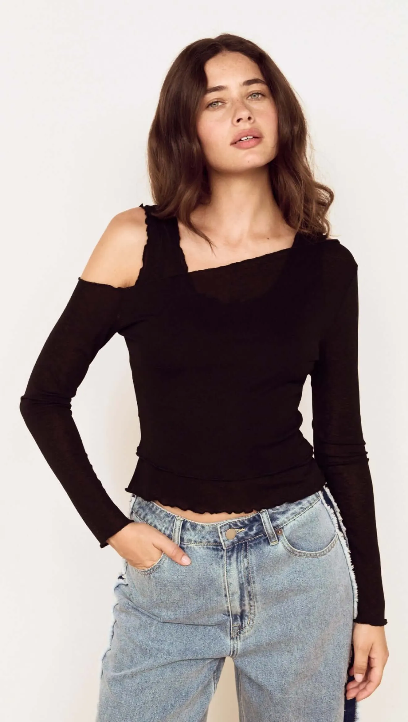 Black Asymmetric Layered Mesh Top sold by MINKPINK