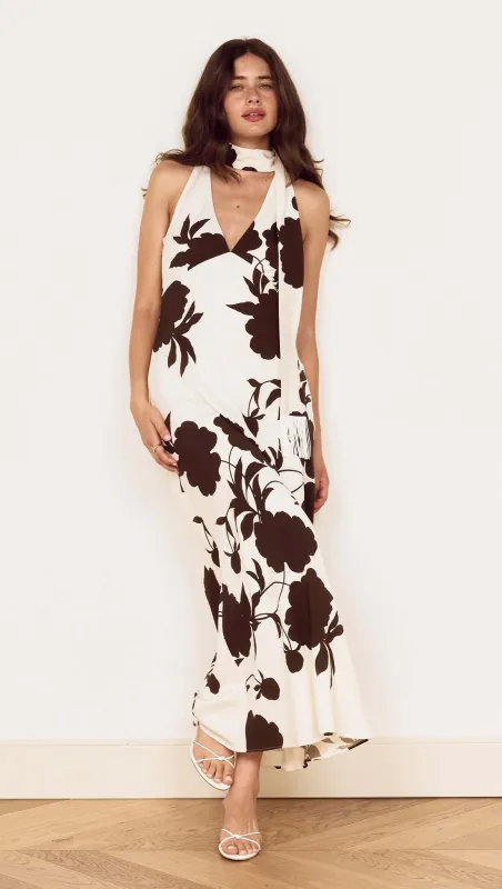 Brown and Cream Floral Halter Neck Maxi Dress made by MINKPINK