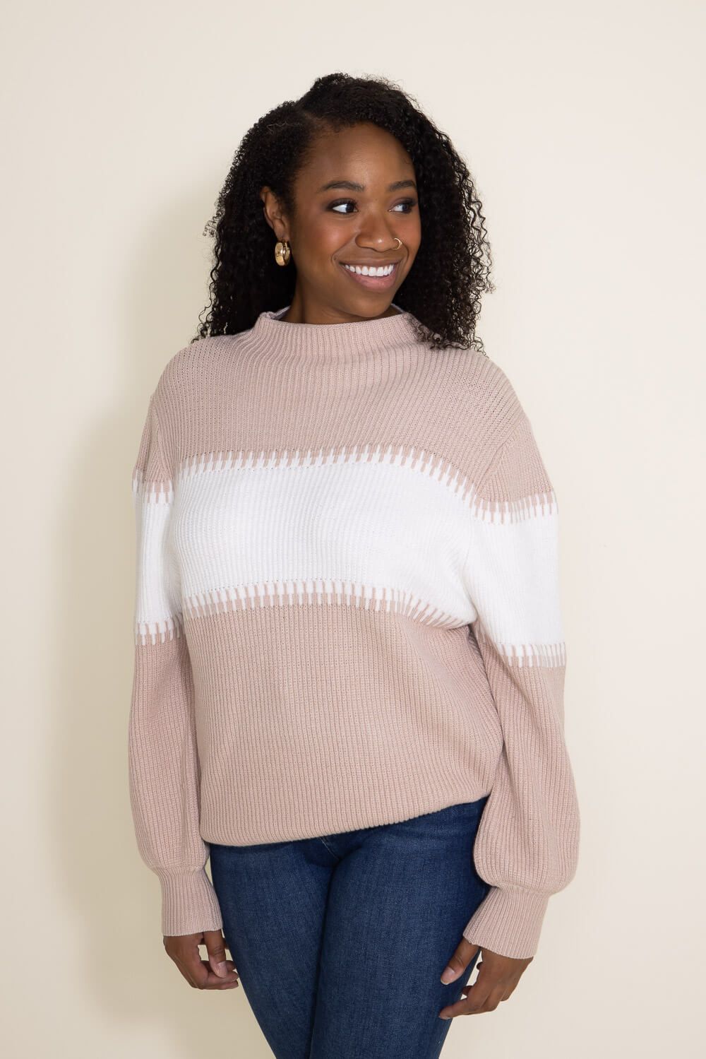 Miracle Clothing Stripe Mock Neck Sweater for Women in Beige/White | M8185-BEIGEWHITE sold by Miracle product image thumbnail 5