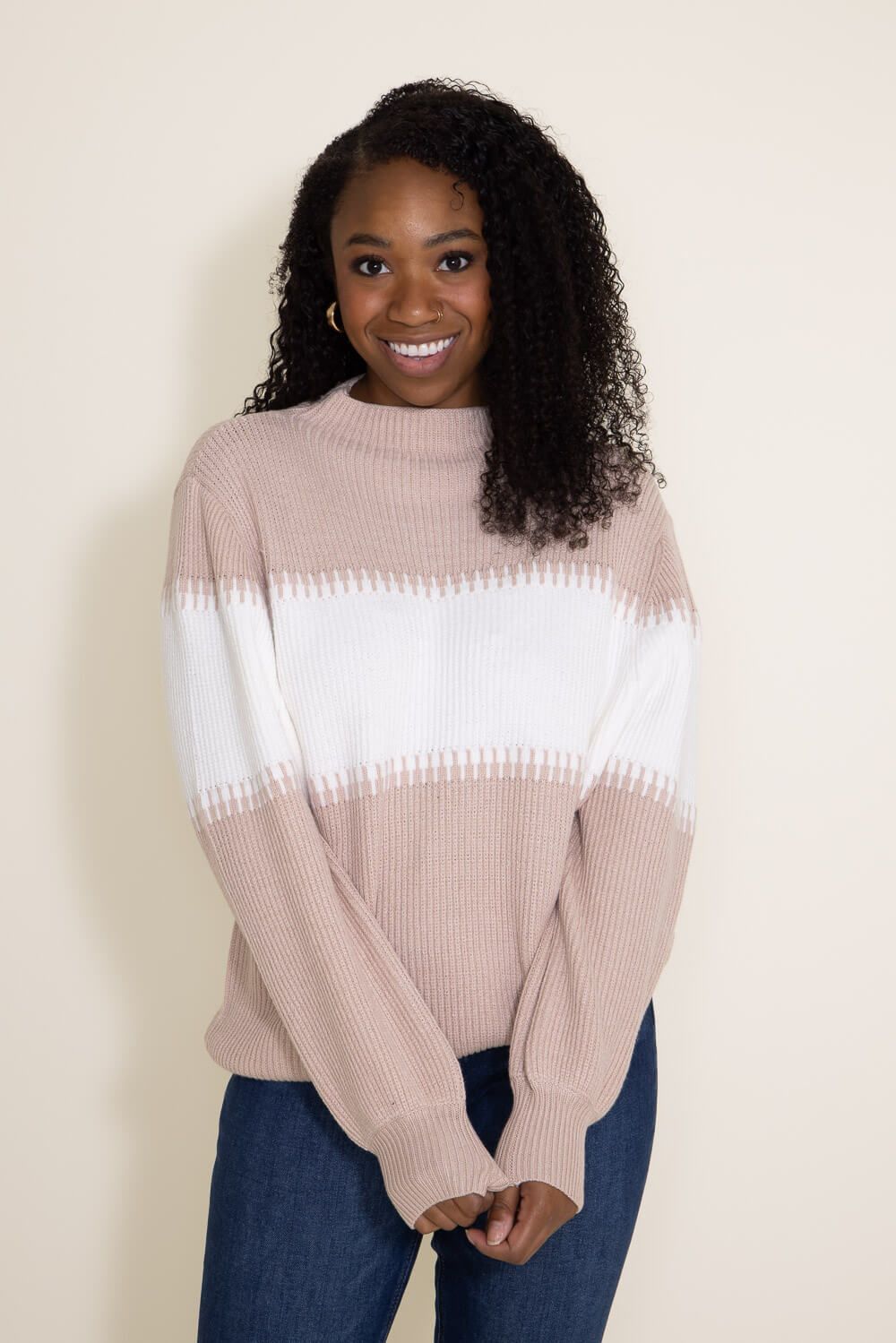 Miracle Clothing Stripe Mock Neck Sweater for Women in Beige/White | M8185-BEIGEWHITE sold by Miracle product image thumbnail 2