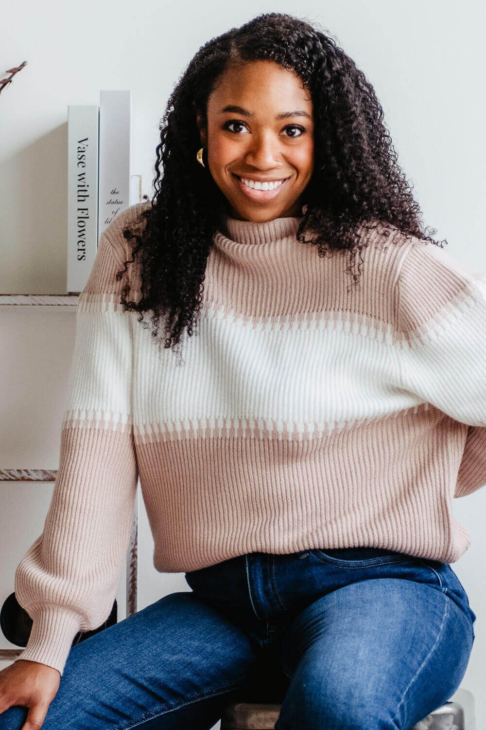 Miracle Clothing Stripe Mock Neck Sweater for Women in Beige/White | M8185-BEIGEWHITE sold by Miracle product image thumbnail 4