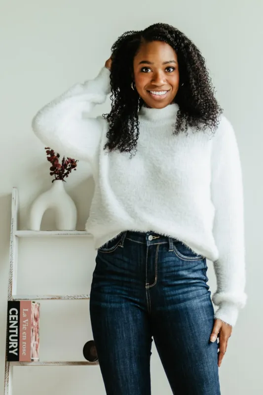 Miracle Clothing Mock Neck Eyelash Sweater for Women in White | W2306-IVORY made by Miracle