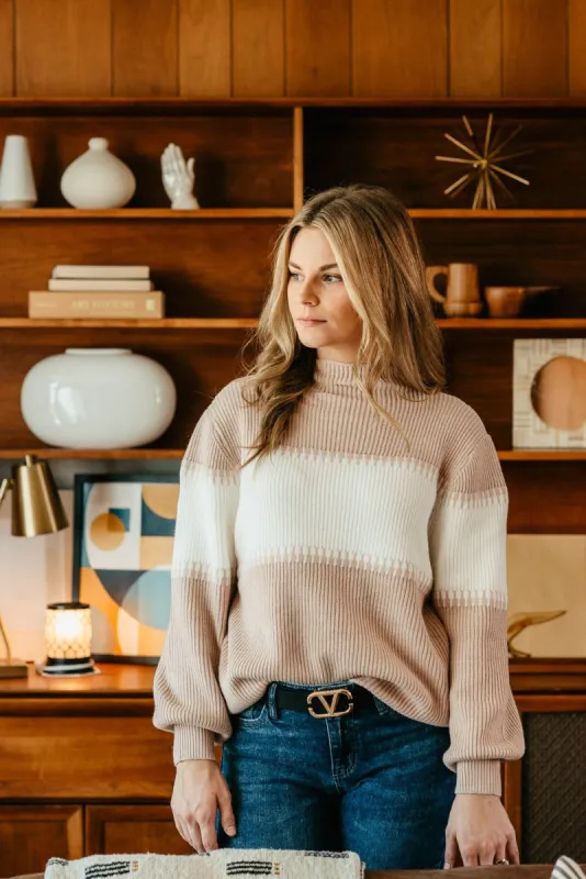 Miracle Clothing Stripe Mock Neck Sweater for Women in Beige/White | M8185-BEIGEWHITE made by Miracle