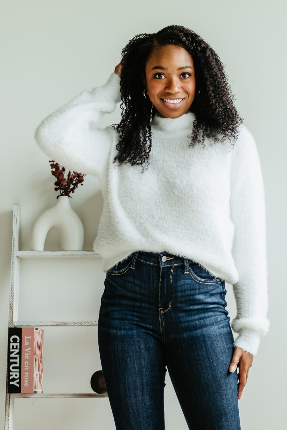 Miracle Clothing Mock Neck Eyelash Sweater for Women in White | W2306-IVORY sold by Miracle