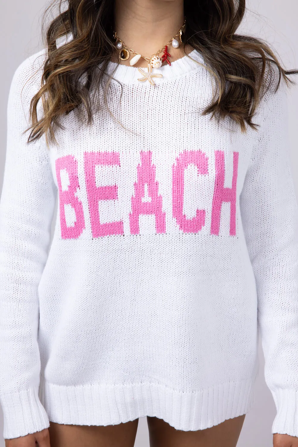 Beach Crewneck Sweater for Women in White/Pink | V2406-WHITEPINK sold by Miracle product image thumbnail 3