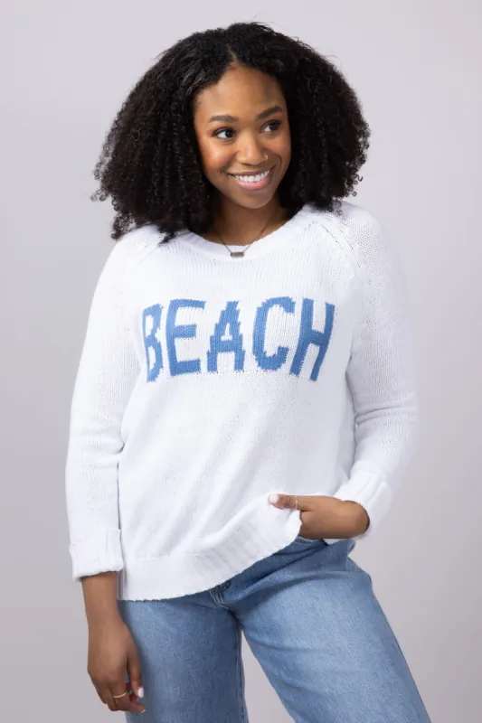 Beach Crewneck Sweater for Women in White/Blue | V2406-WHITEBLUE sold by Miracle