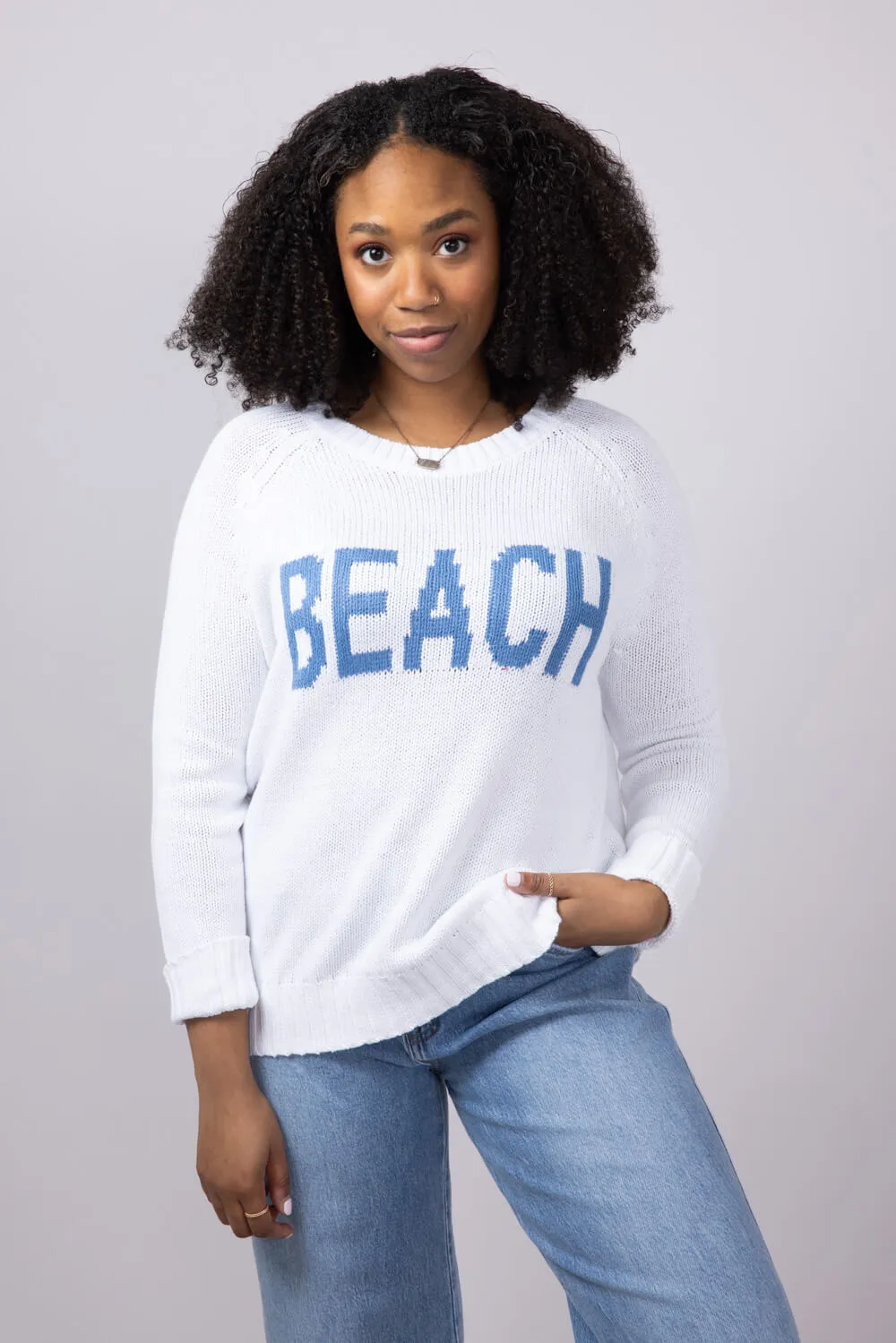 Beach Crewneck Sweater for Women in White/Blue | V2406-WHITEBLUE sold by Miracle product image thumbnail 4