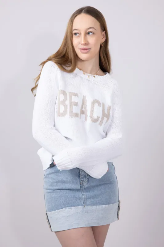 Beach Crewneck Sweater for Women in White/Beige | V2406-WHITEBEIGE sold by Miracle