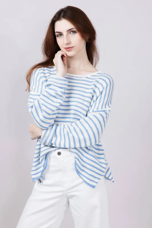 Miracle Lightweight Gauge Stripe Sweater for Women in Cream/Light Blue | F189-CREAMSKYBLUE sold by Miracle
