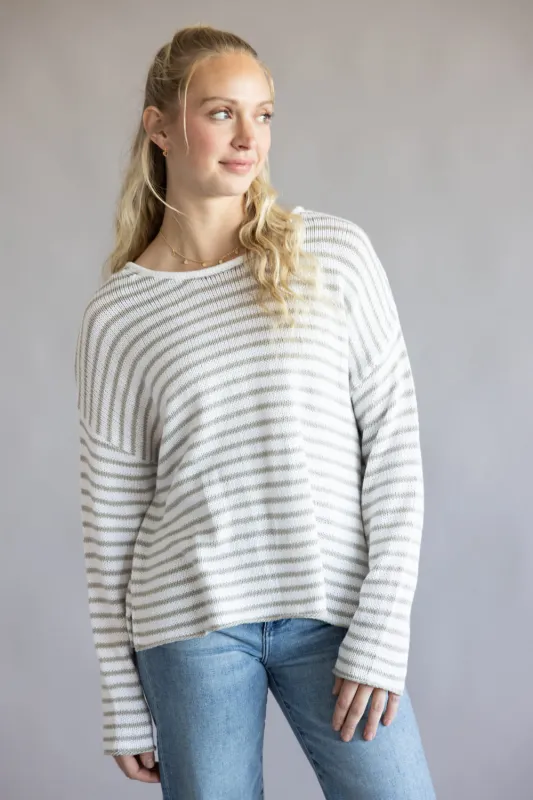 Miracle Lightweight Gauge Stripe Sweater for Women in Ivory/Silver | F189-IVORYSILVER sold by Miracle