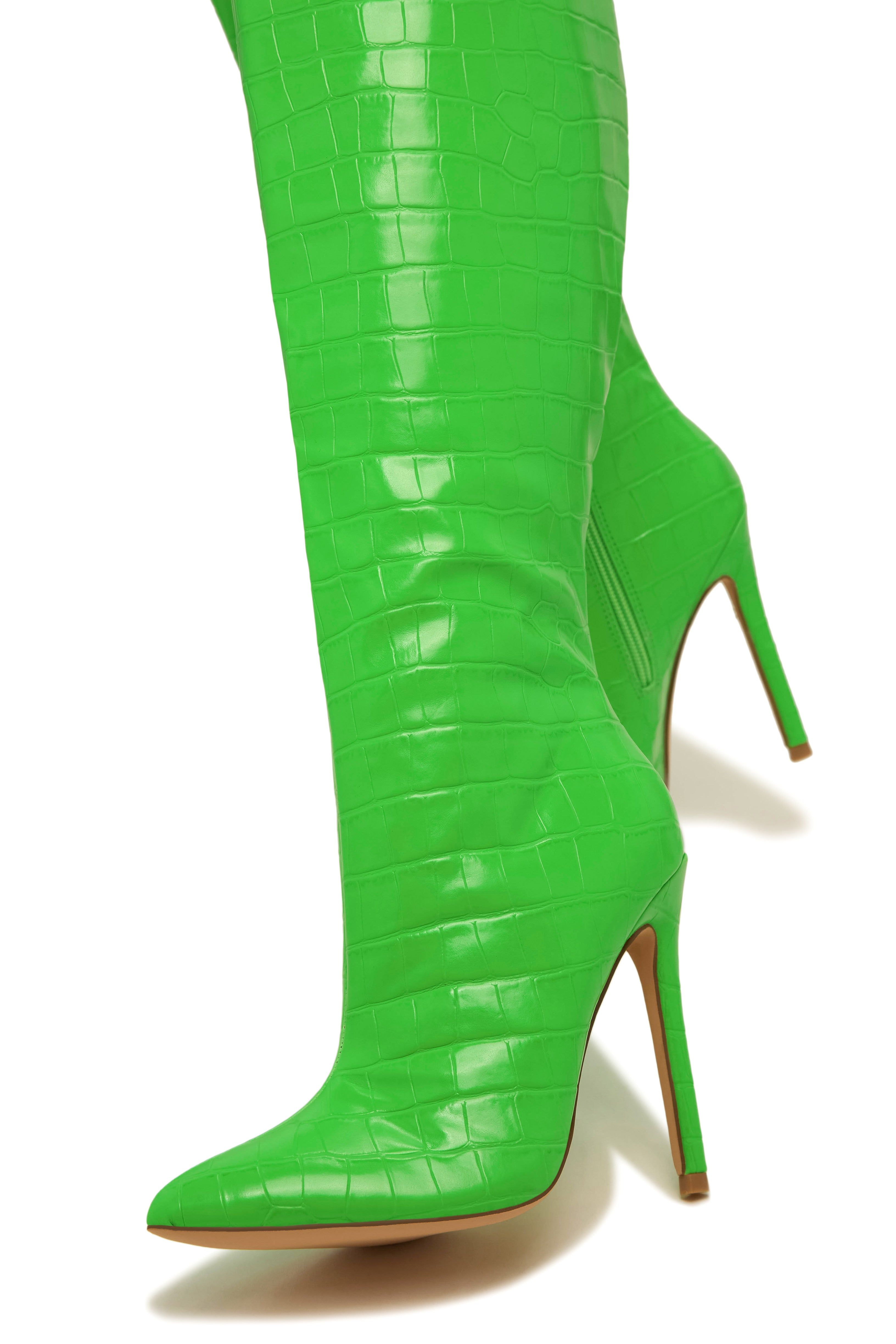 Solma Embossed Croc High Heel Boots - Green sold by Miss Lola product image thumbnail 3