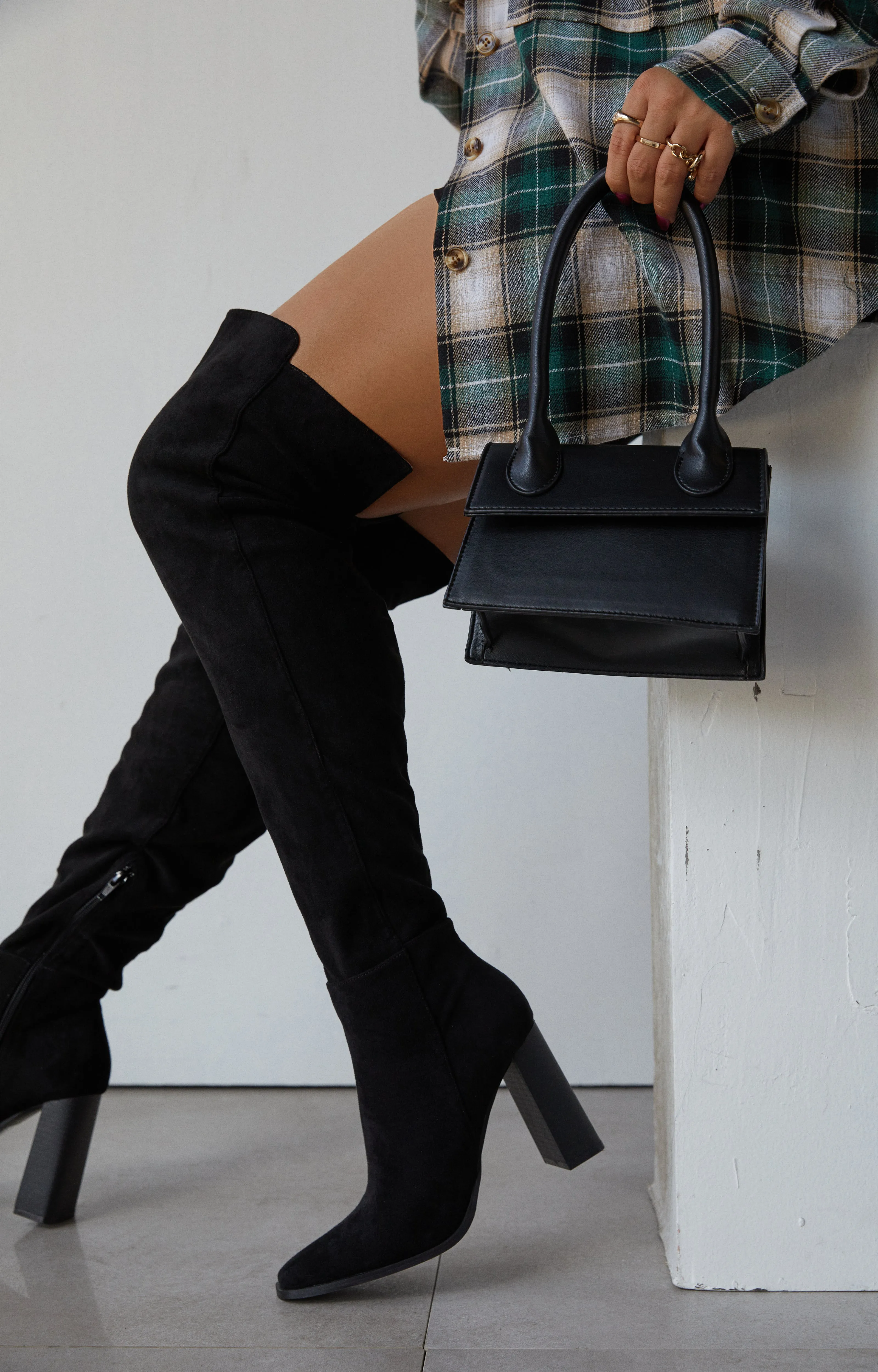 Amina Over The Knee Block Heel Boots - Black sold by Miss Lola