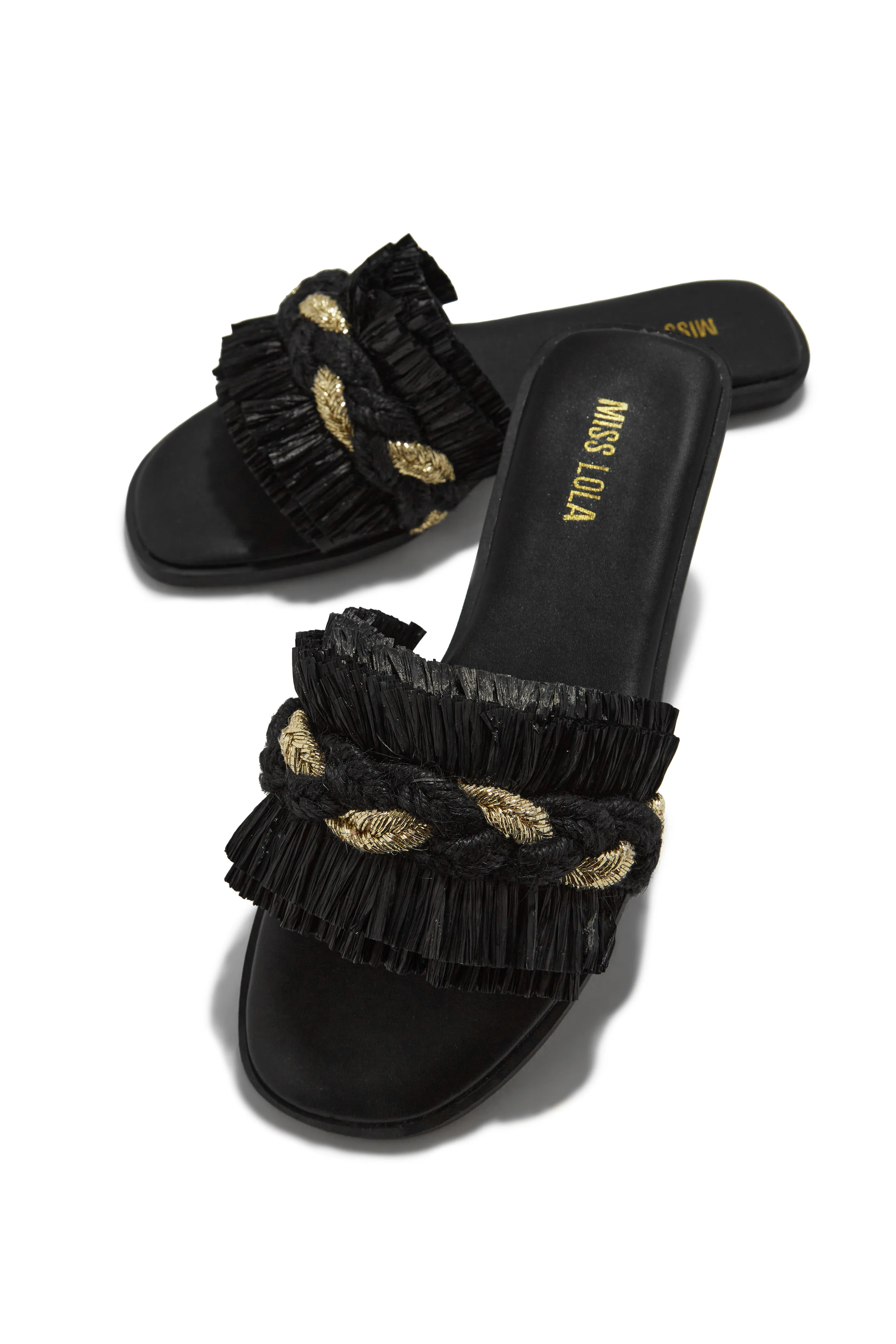 Private Island Fringe Slip On Sandals - Black sold by Miss Lola