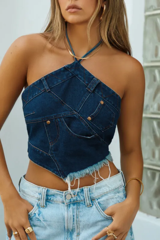 Anira Denim Halter Crop Top - Denim sold by Miss Lola