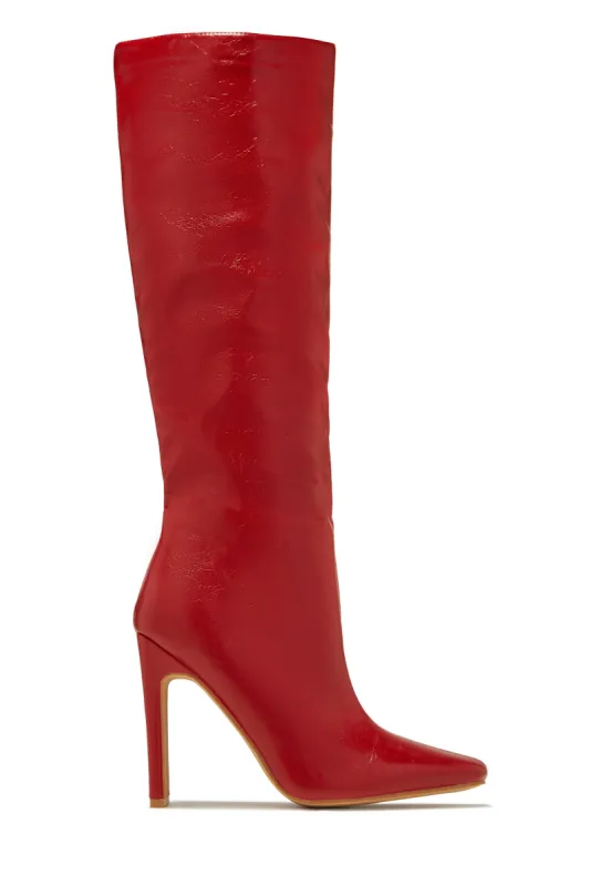 Adelaisa Knee High Heel Boots - Red sold by Miss Lola