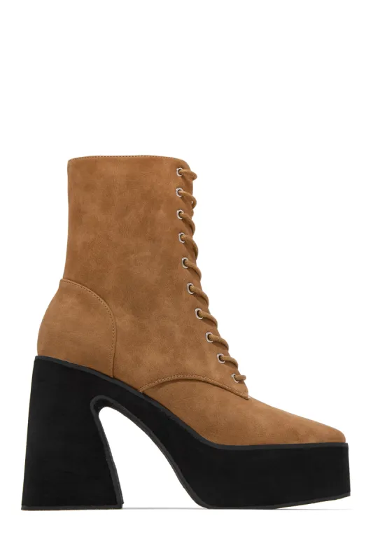Nya Lace Up Platform Block Heel Ankle Boots - Tan sold by Miss Lola