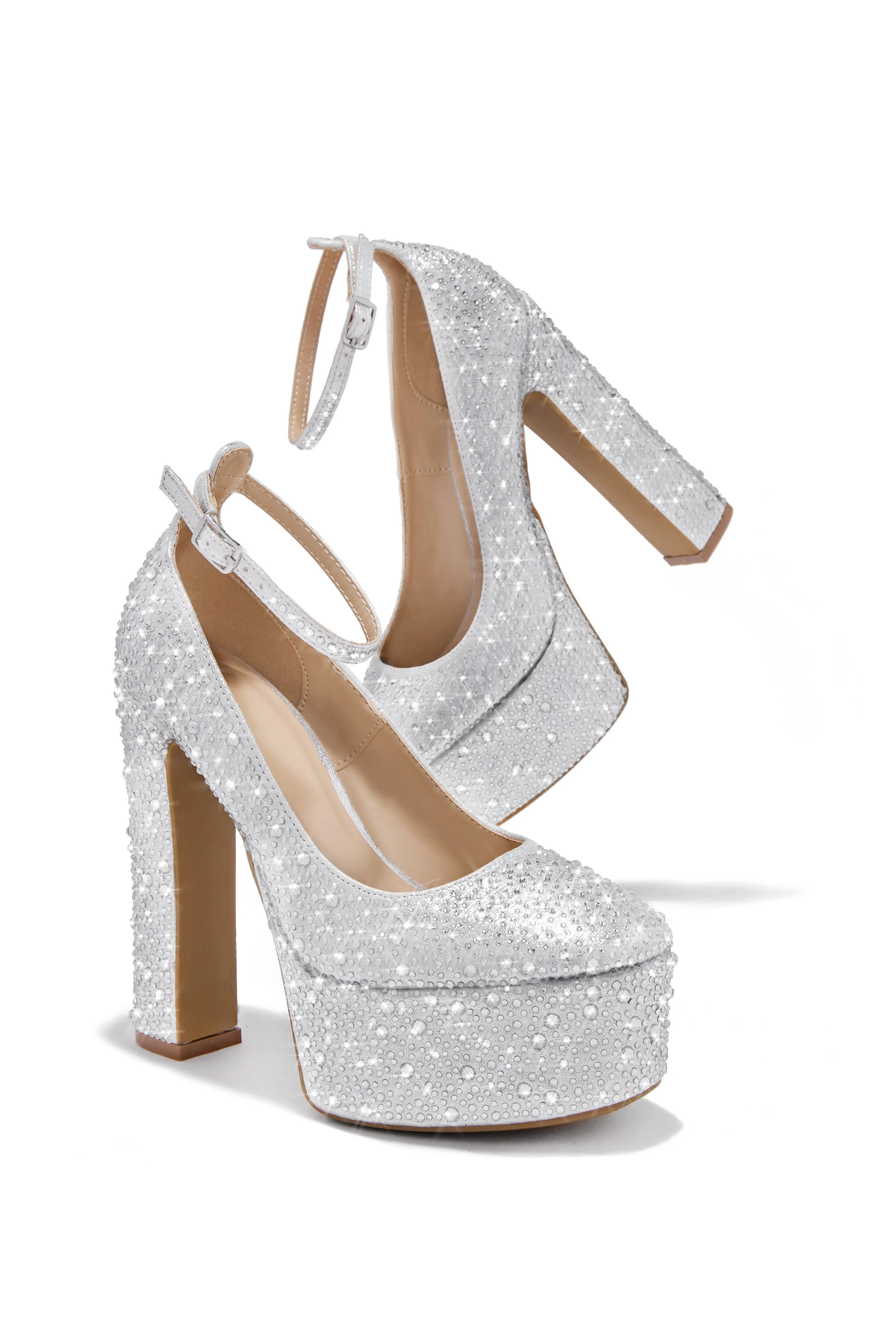 Amarya Embellished Platform Block High Heels - Silver sold by Miss Lola product image thumbnail 2