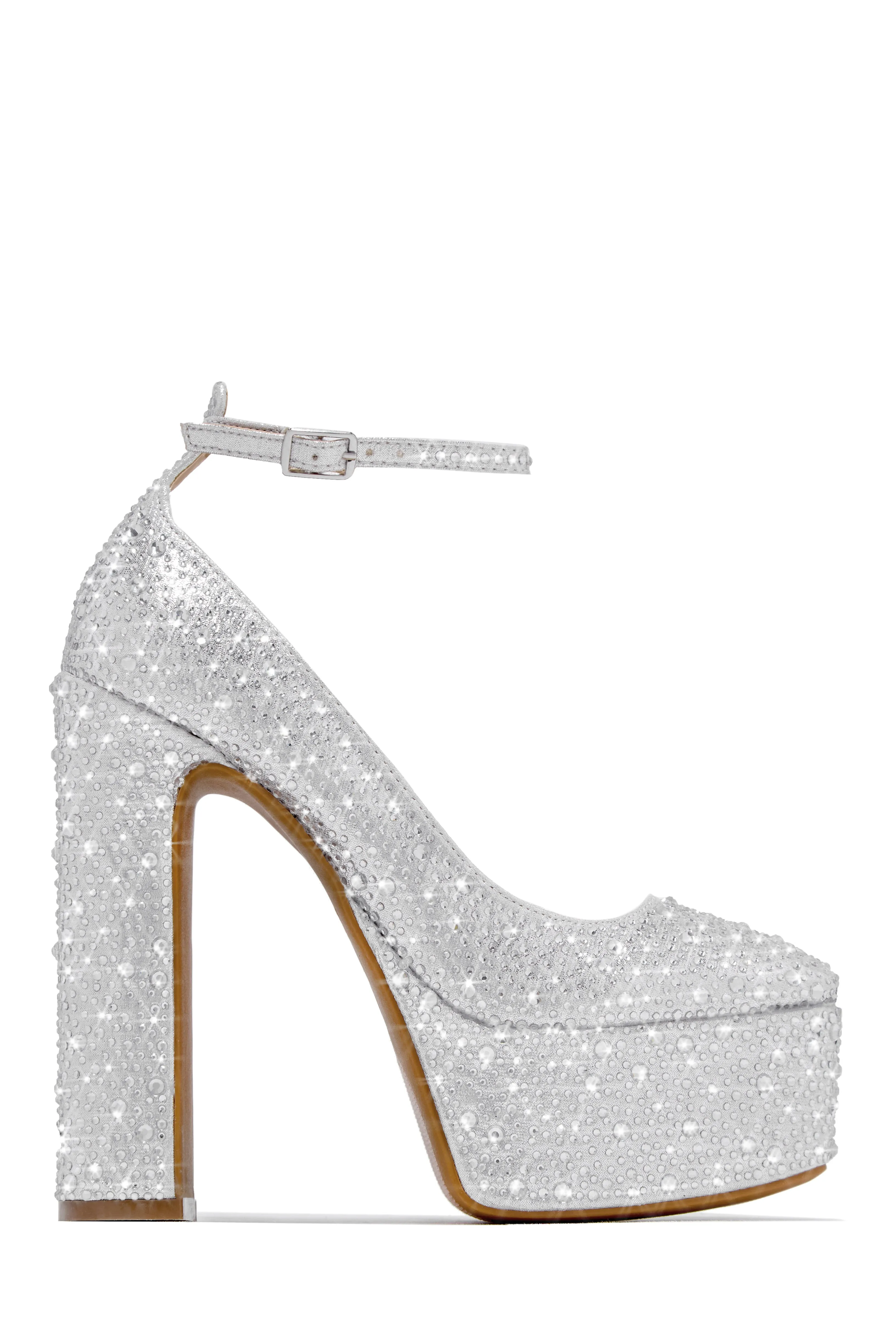 Amarya Embellished Platform Block High Heels - Silver sold by Miss Lola