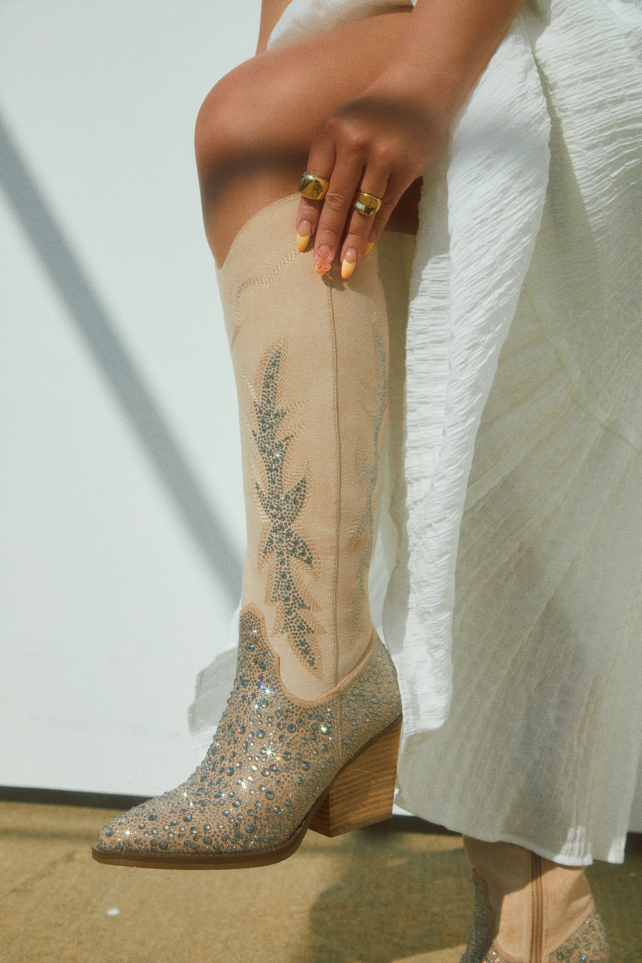 VIP Worthy Embellished Cowgirl Boots - Nude sold by Miss Lola