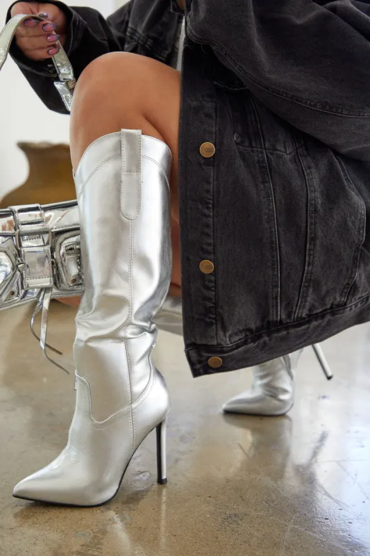Erin High Heel Boots - Silver sold by Miss Lola