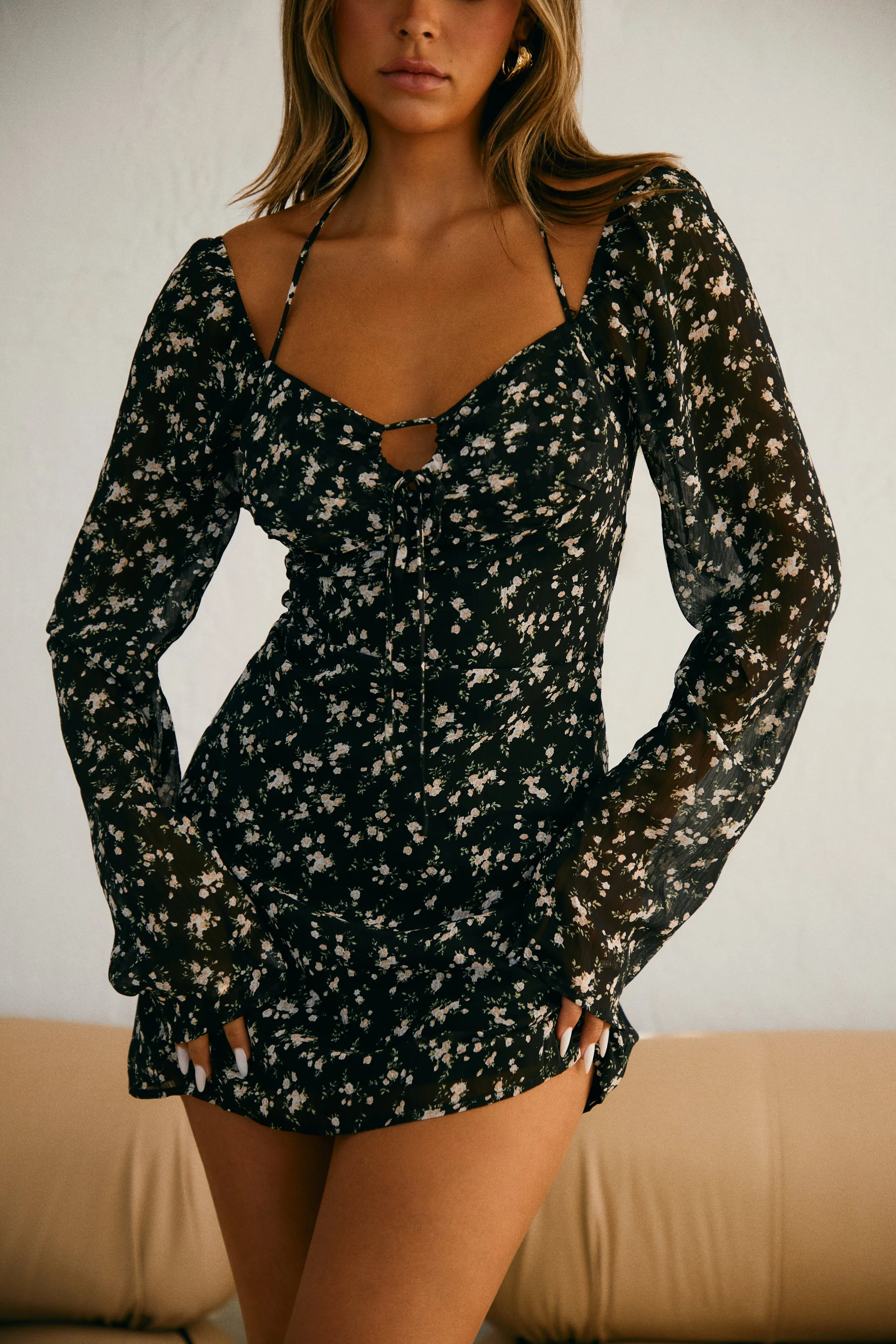 Kayla Long Sleeve Mini Dress - Black Floral sold by Miss Lola