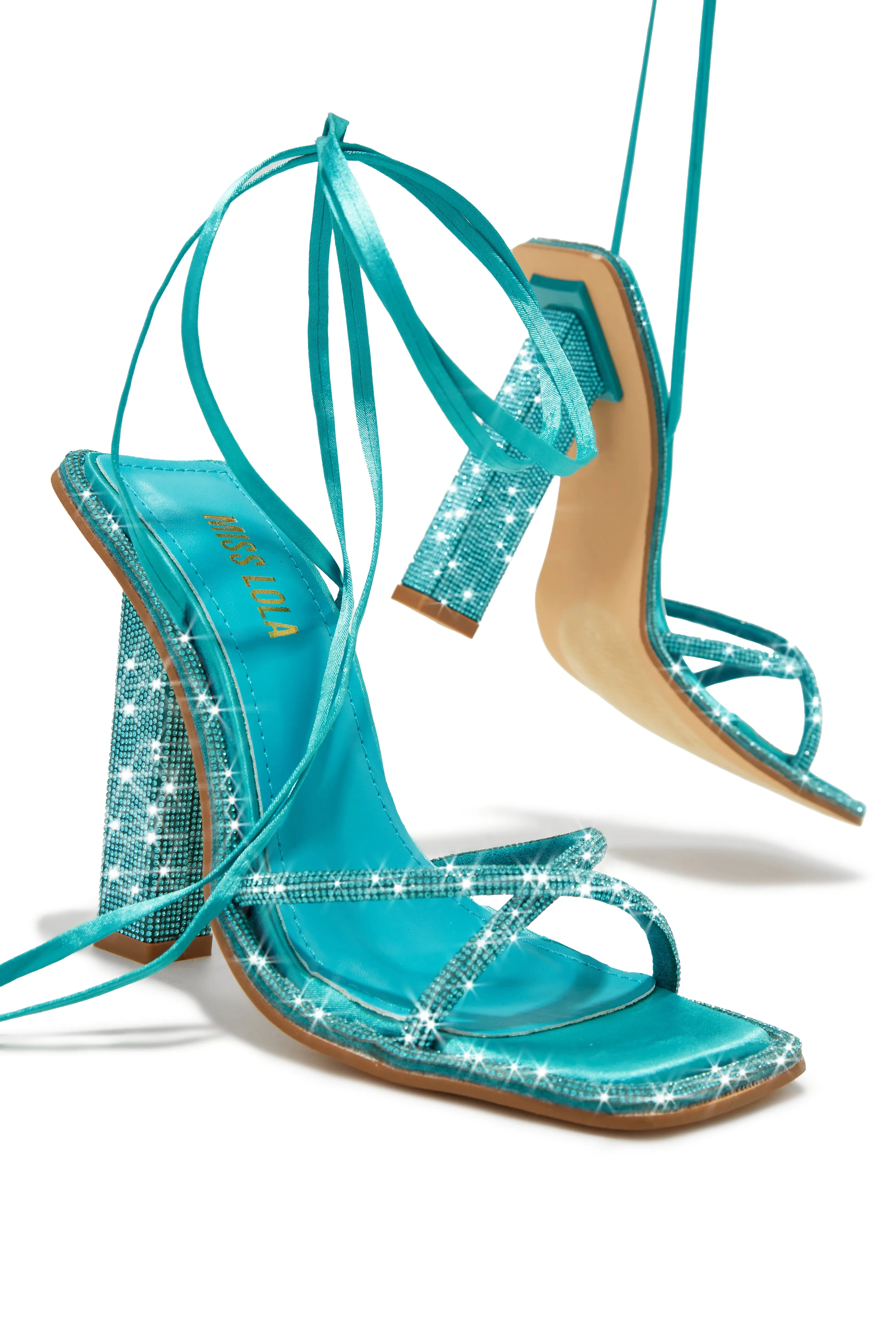 Crystal Embellished Lace Up High Heels - Aqua sold by Miss Lola