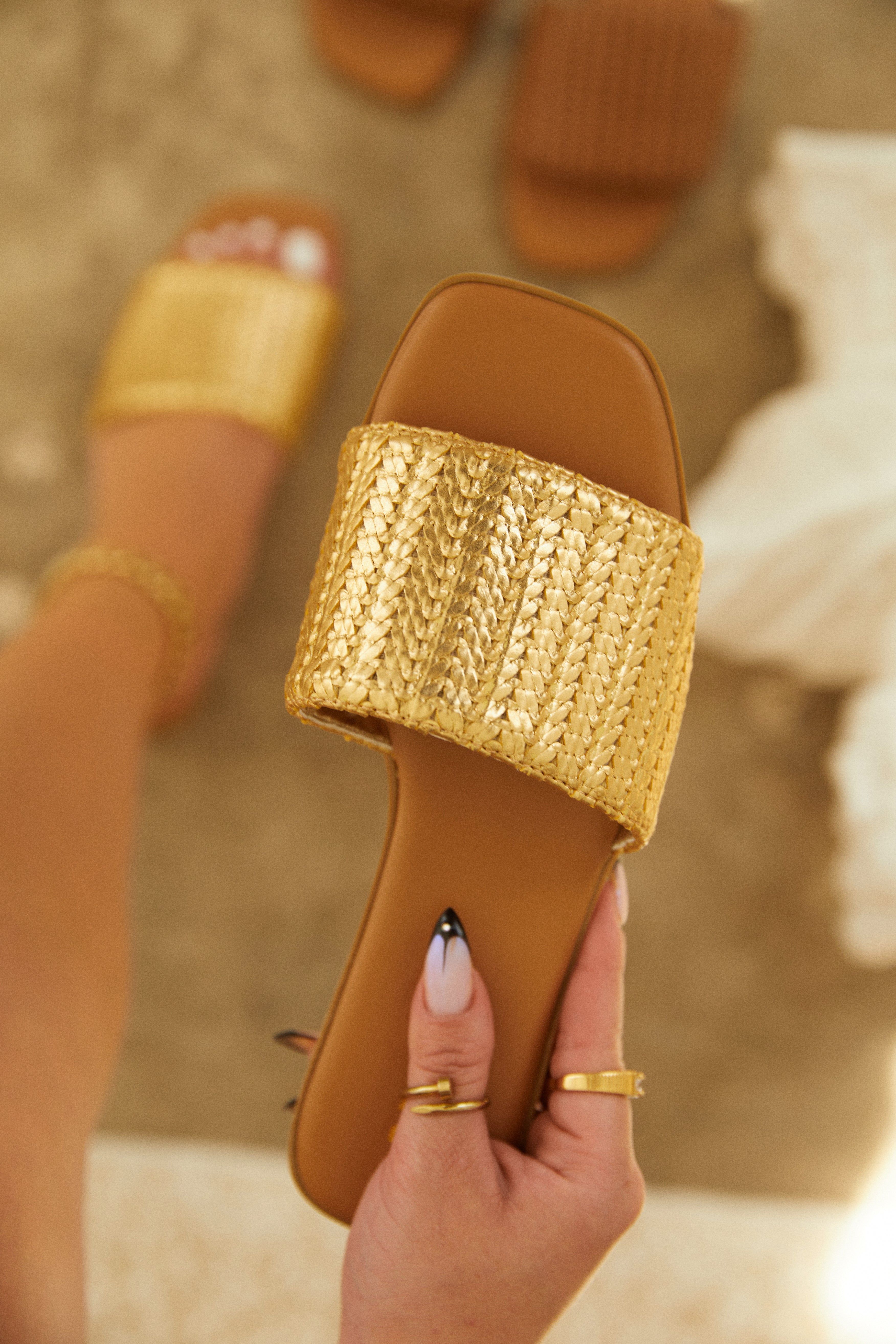 Private Flights Flat Slip On Sandals - Gold sold by Miss Lola