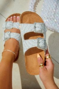 Aristi Pearl Embellished Slip On Sandals - White sold by Miss Lola