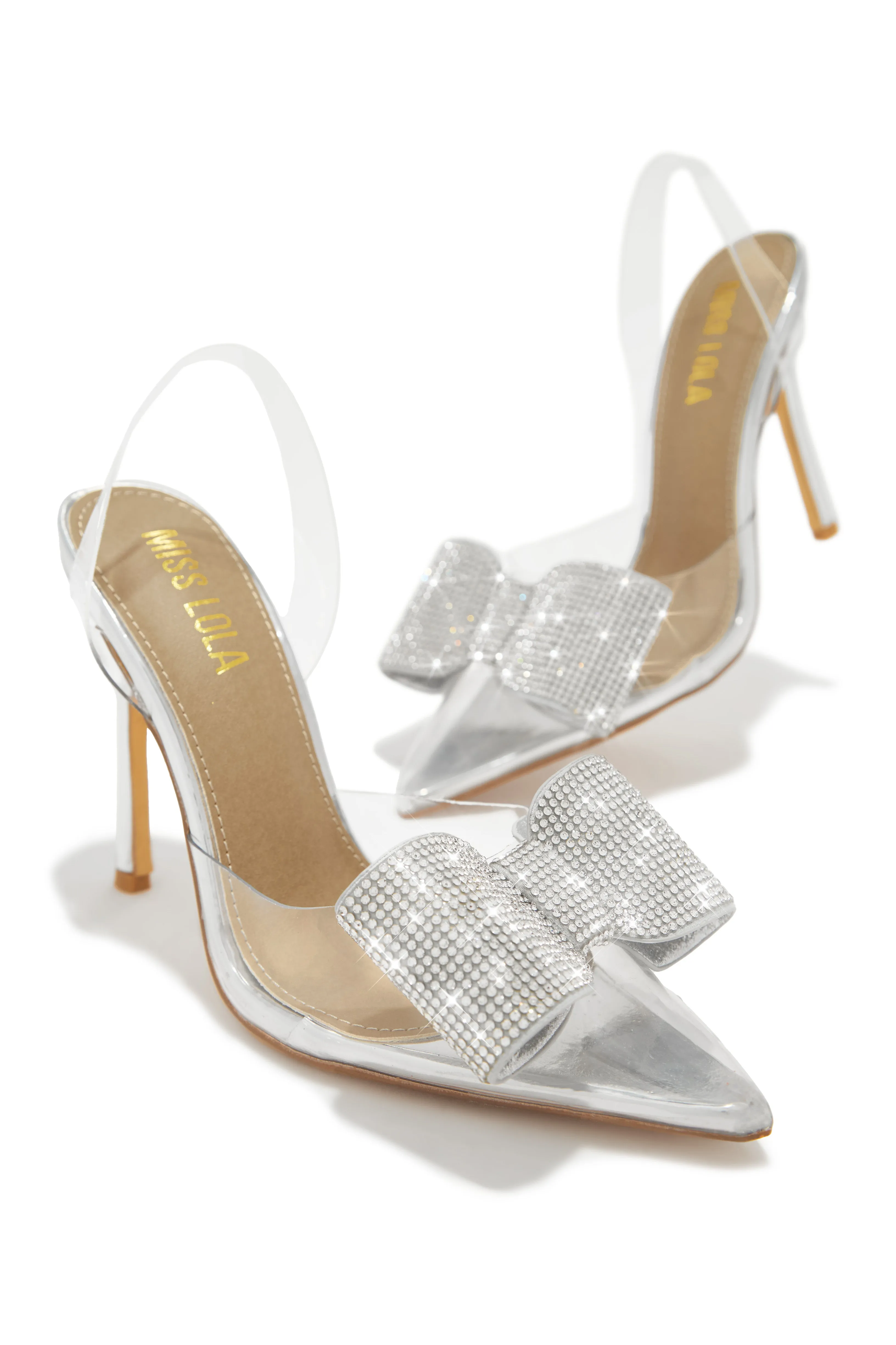 Chiara Embellished Bow Clear High Heel Pumps - Silver sold by Miss Lola product image thumbnail 4