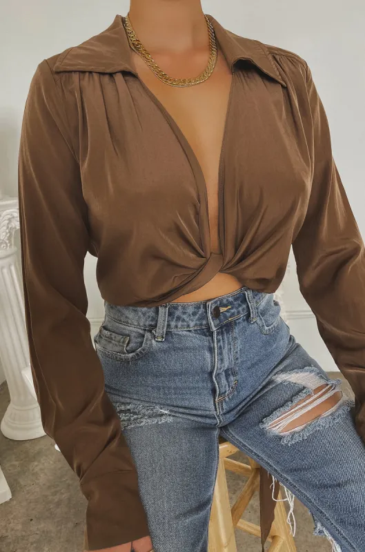 Iniza Long Sleeve Collar Wrap Top - Brown made by Miss Lola