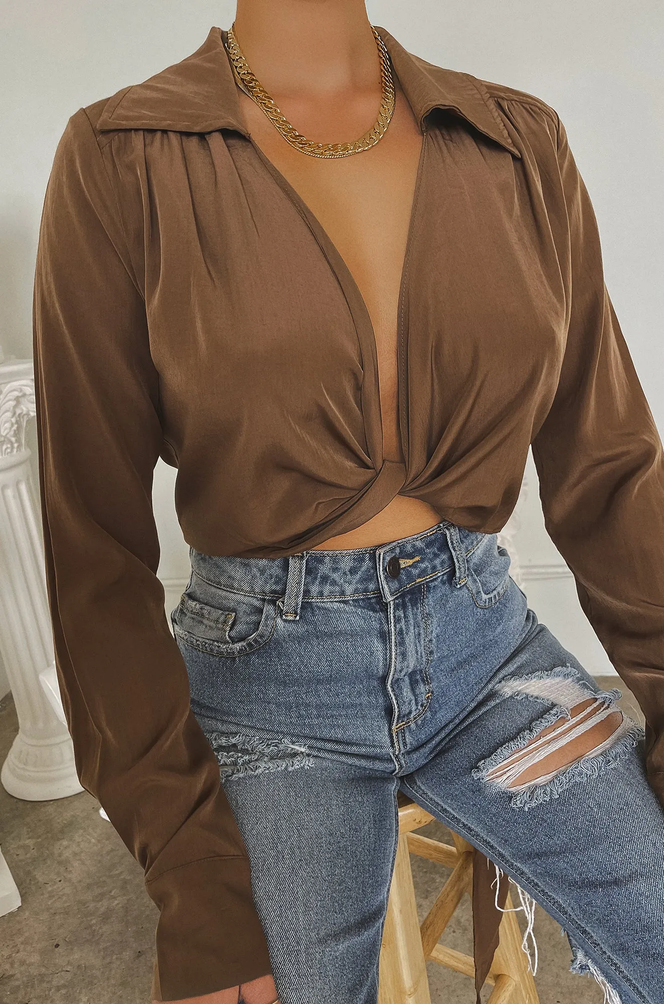 Iniza Long Sleeve Collar Wrap Top - Brown sold by Miss Lola