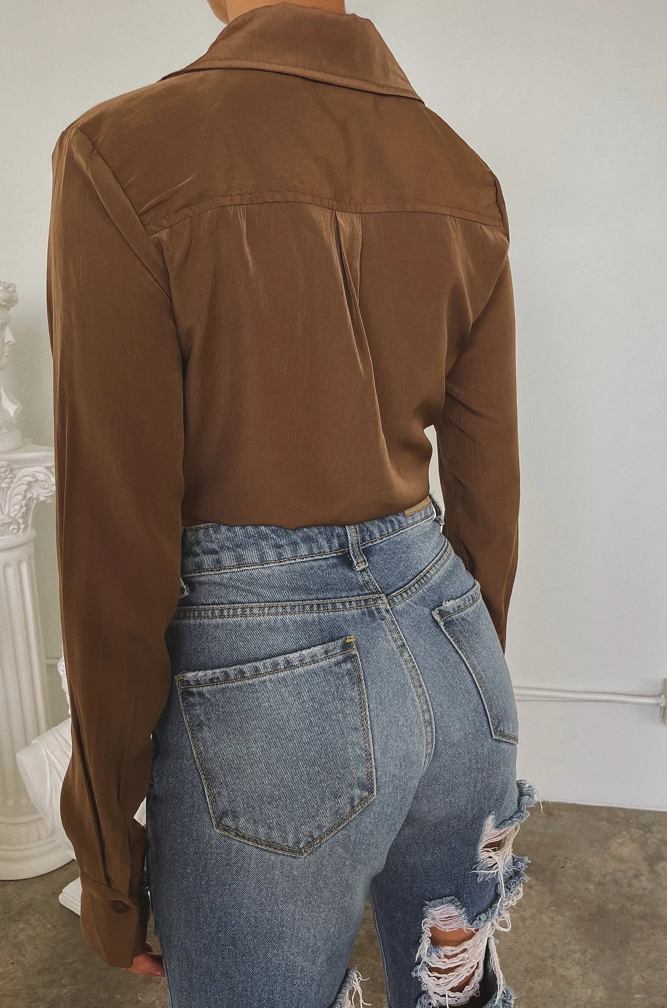 Iniza Long Sleeve Collar Wrap Top - Brown sold by Miss Lola product image thumbnail 2