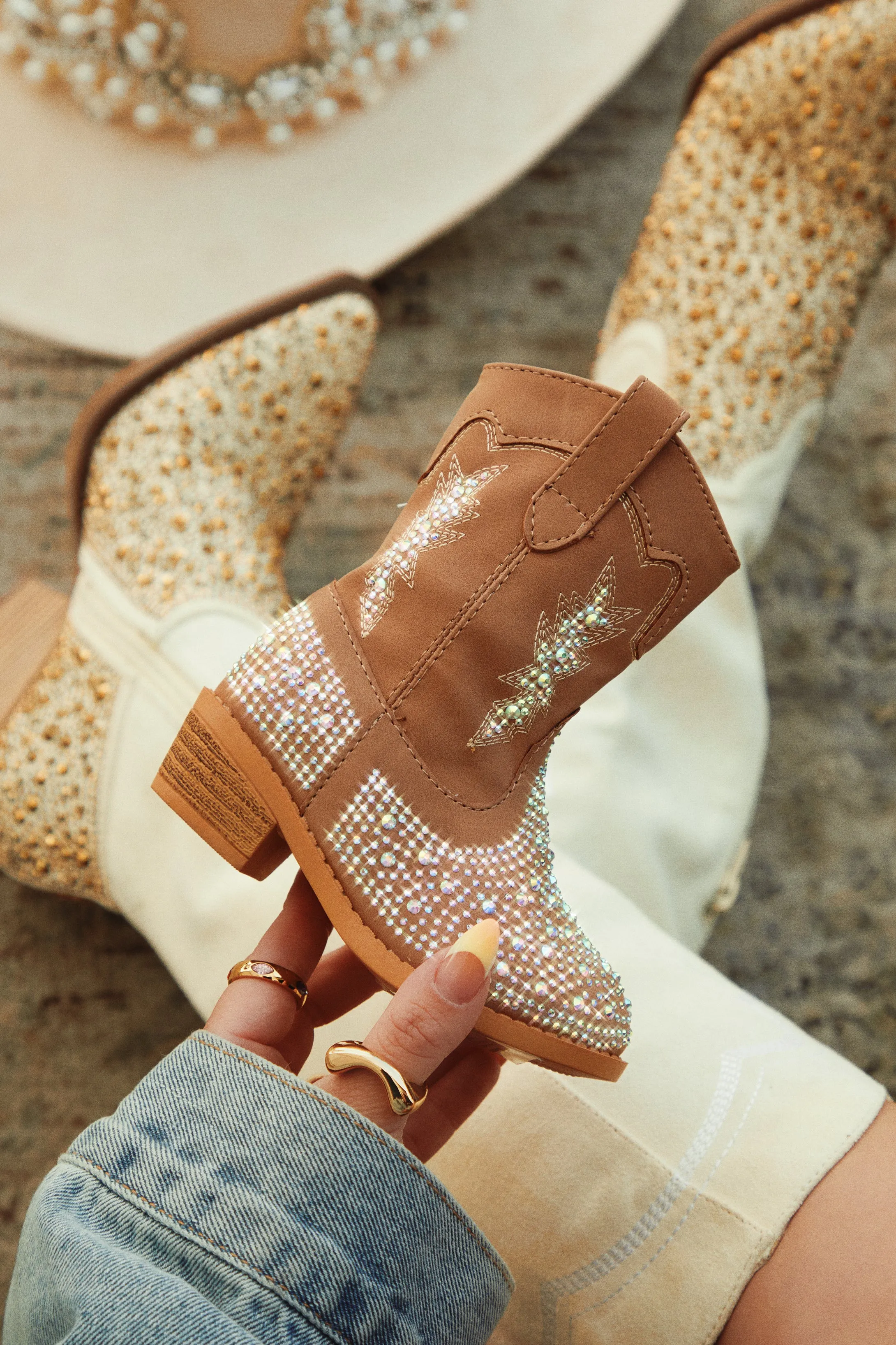 Mini Frankie Embellished Cowgirl Boots - Tan sold by Miss Lola