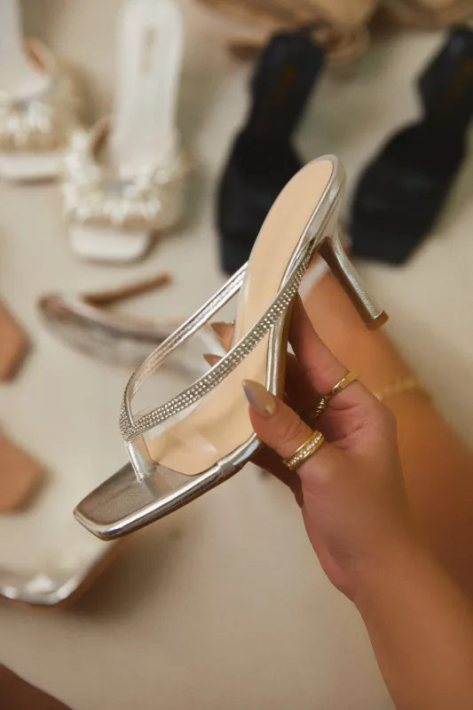 Pop Champagne Embellished Mid Heel Mules - Silver sold by Miss Lola