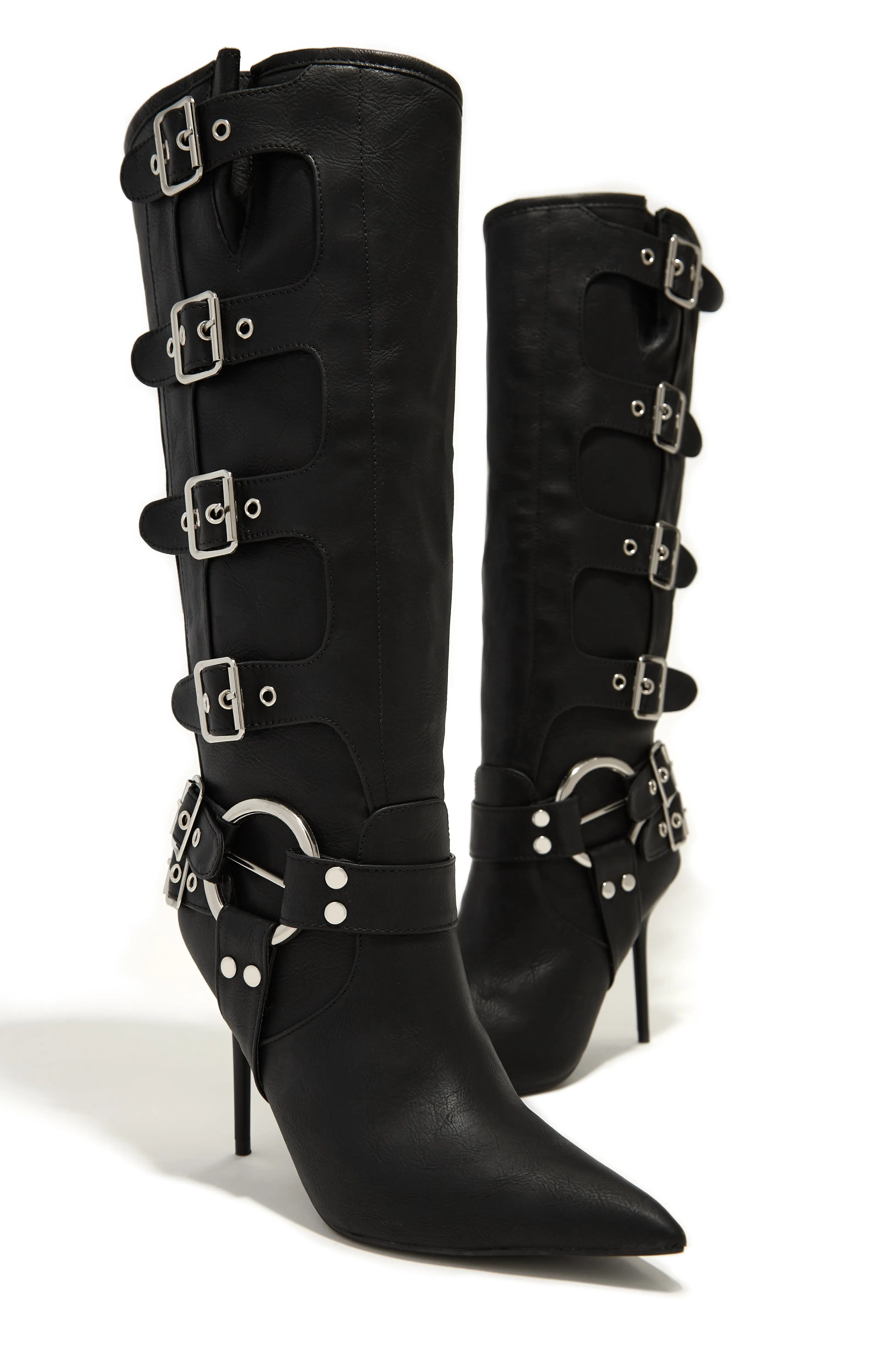 Kaycee Below The Knee High Heel Moto Boots - Black sold by Miss Lola product image thumbnail 2