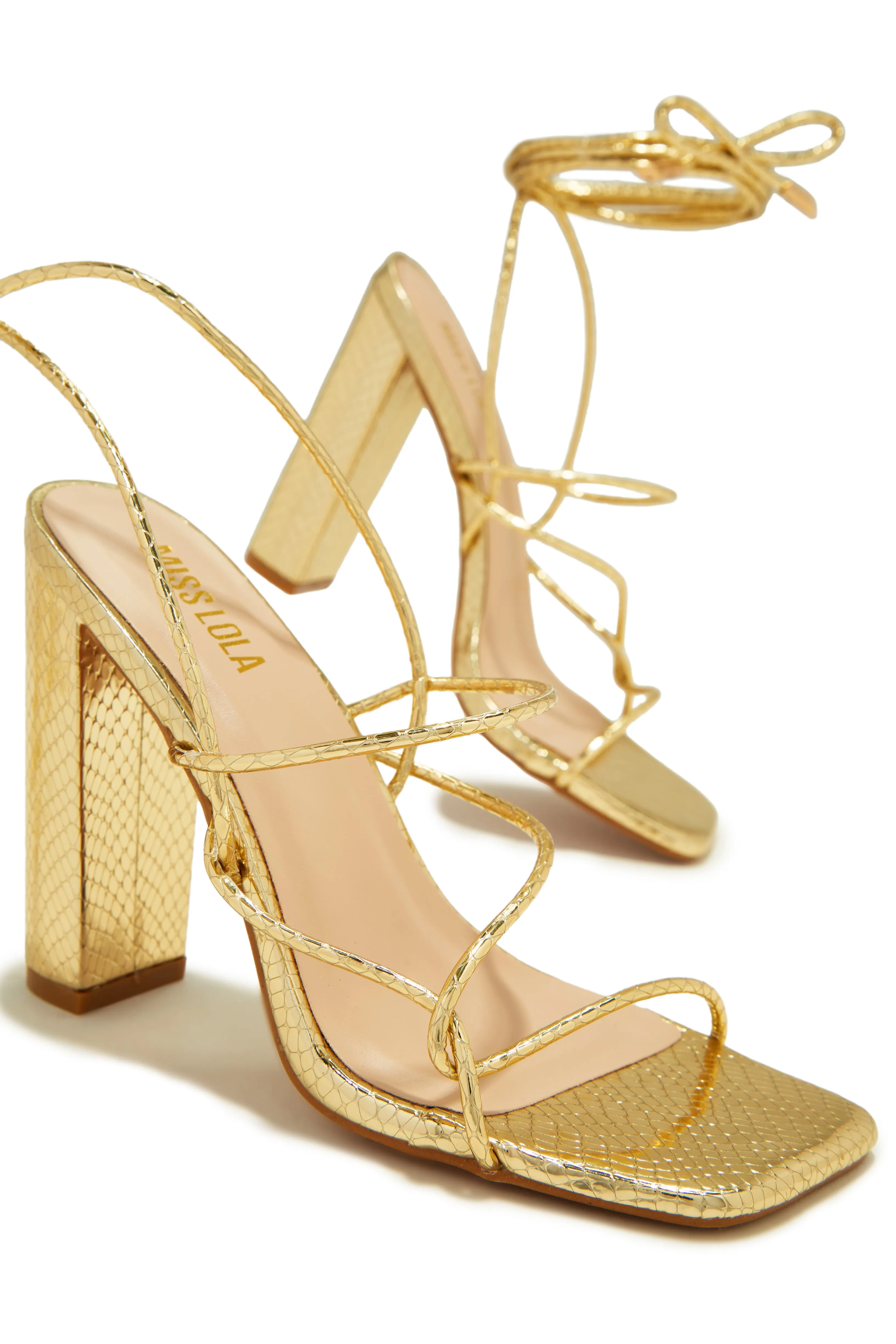 Luciana Lace Up Block High Heels - Gold sold by Miss Lola product image thumbnail 4