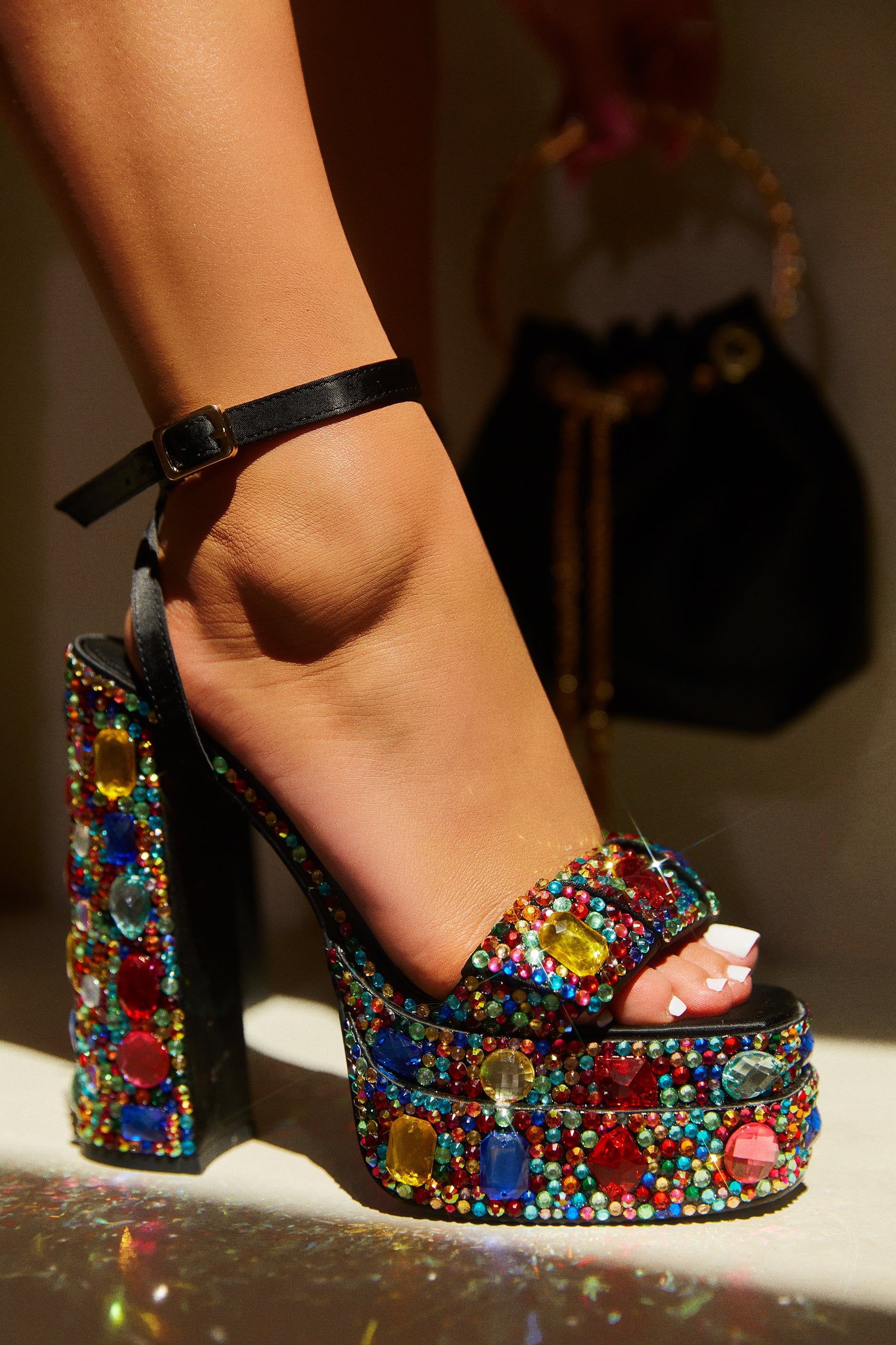 Be My Fantasy Embellished Platform Block High Heels - Multi sold by Miss Lola