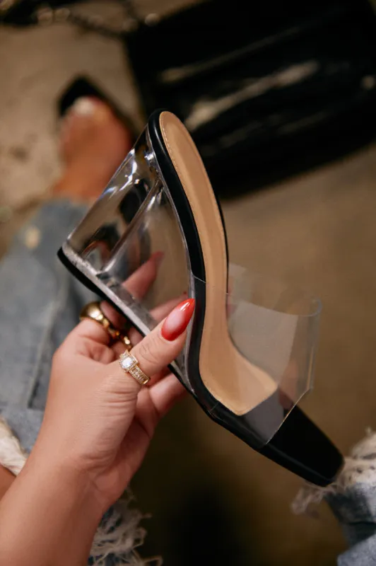 Devica Clear Wedge Heel Mules - Black sold by Miss Lola