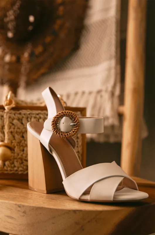 Leilani Raffia Buckle Block Heels - White made by Miss Lola