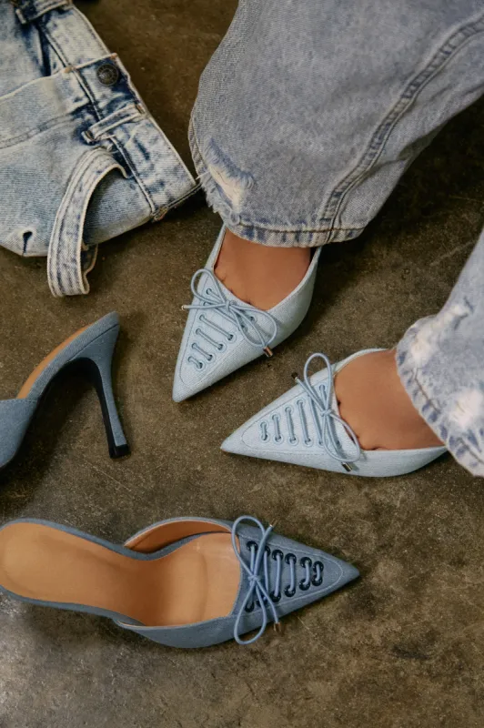 Nyla Pointed Toe Mule Heels - Light Denim sold by Miss Lola