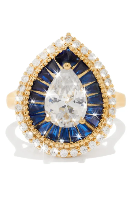 Ice Queen Gold Plated CZ Tear Drop Ring - Gold/Blue sold by Miss Lola