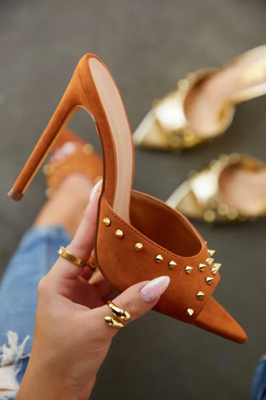 Collette Studded High Heel Mules - Tan sold by Miss Lola