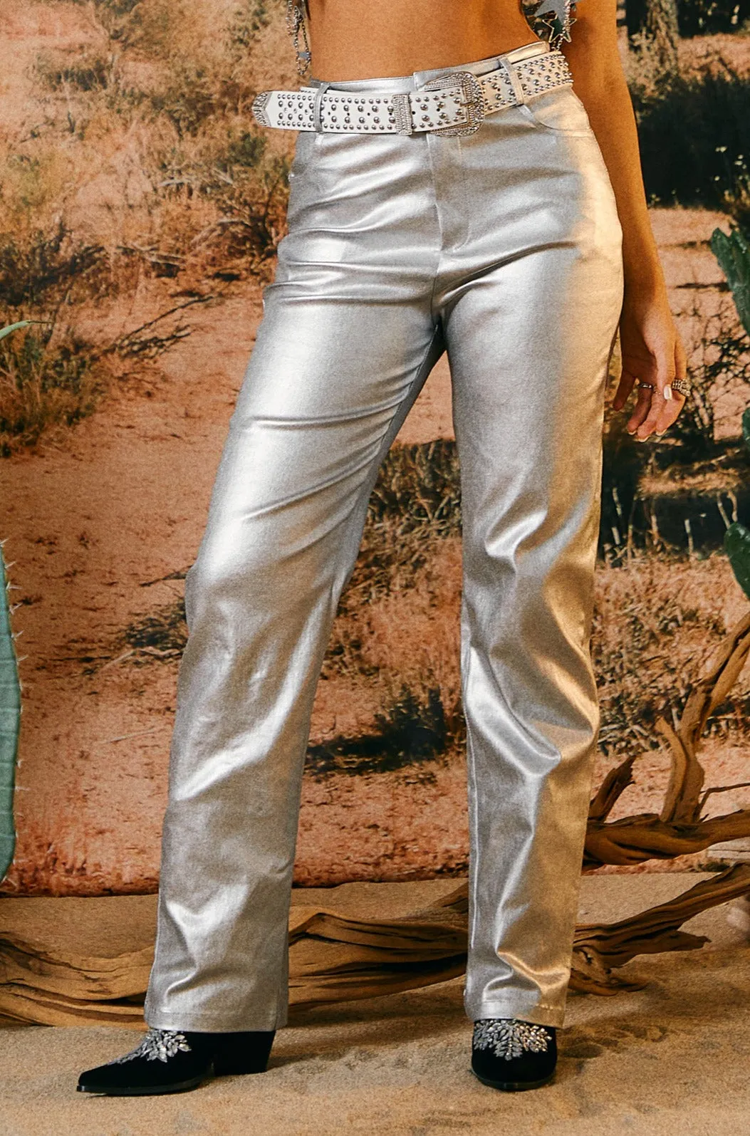 Selene Metallic Straight Leg Pant - Silver sold by Miss Lola