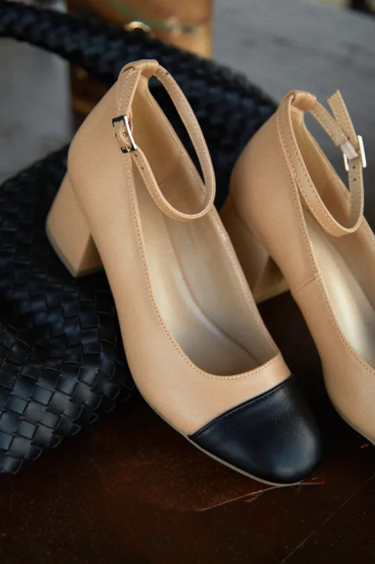 Harlan Ankle Strap Block Mid Heels - Nude sold by Miss Lola