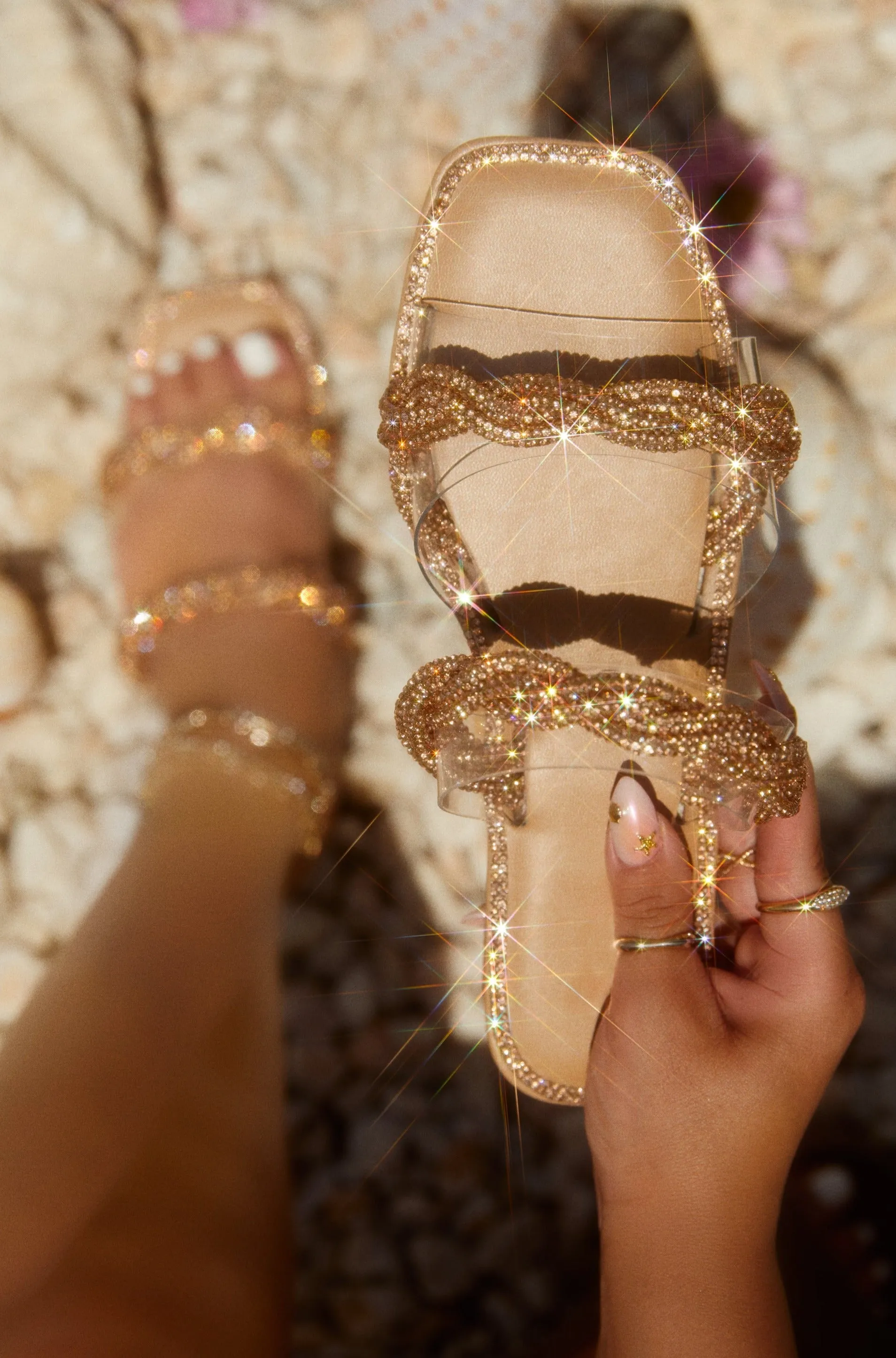 Island Breeze Embellished Slip On Sandals - Rose Gold sold by Miss Lola