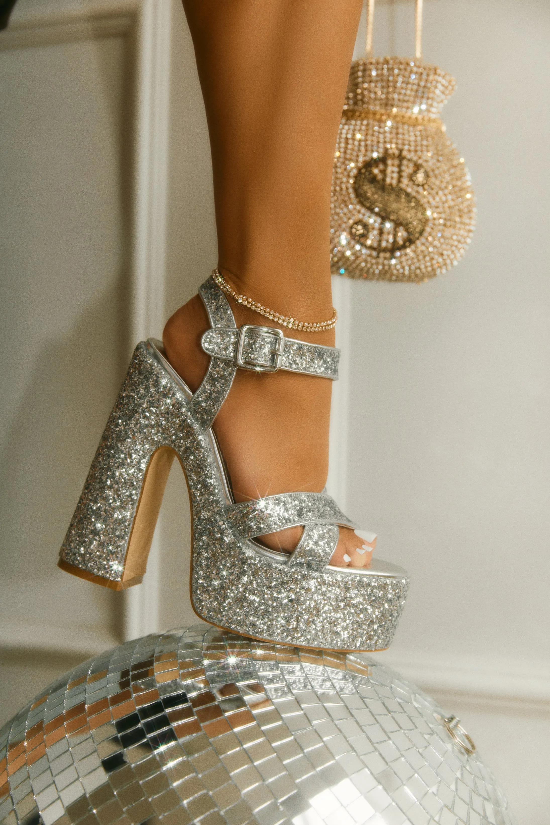 Karelle Glitter Platform Block Heels - Silver sold by Miss Lola product image thumbnail 3