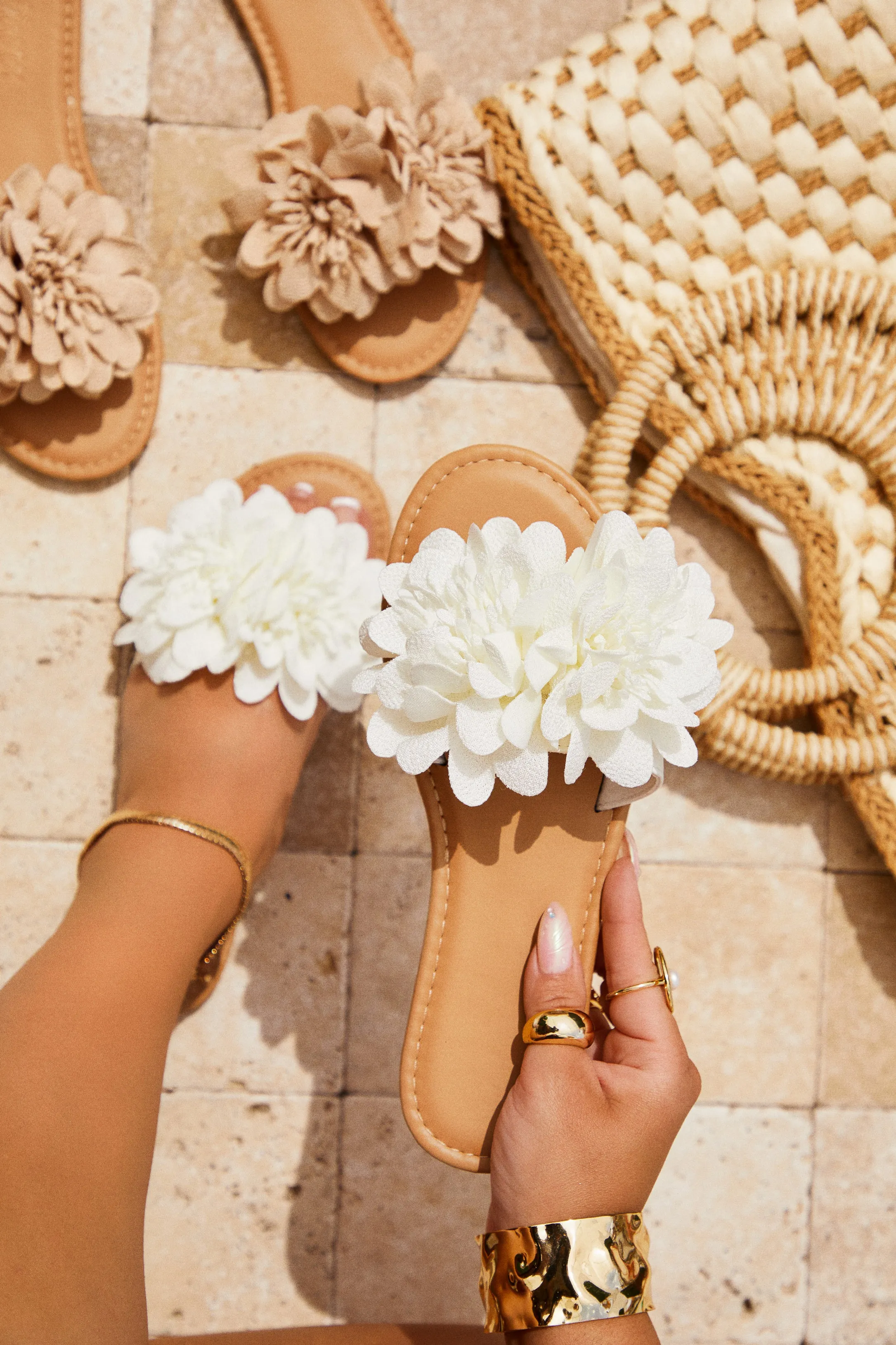 Analia Slip On Flower Sandals - White sold by Miss Lola