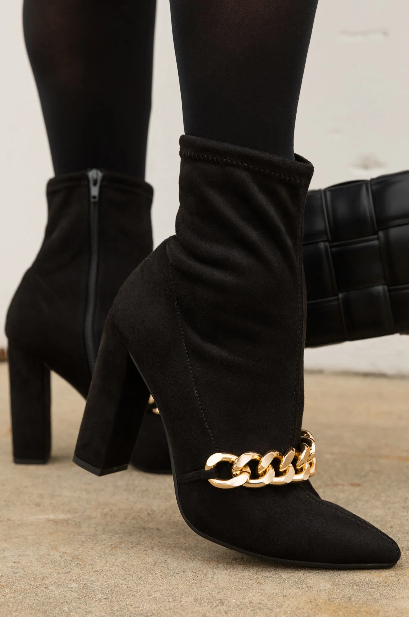 Elevate Me Gold Chain Block Heel Ankle Boots - Black sold by Miss Lola