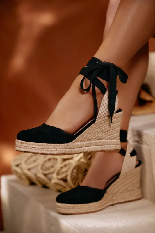 Tropical Vacay Lace Up Platform Espadrille Wedges - Black sold by Miss Lola