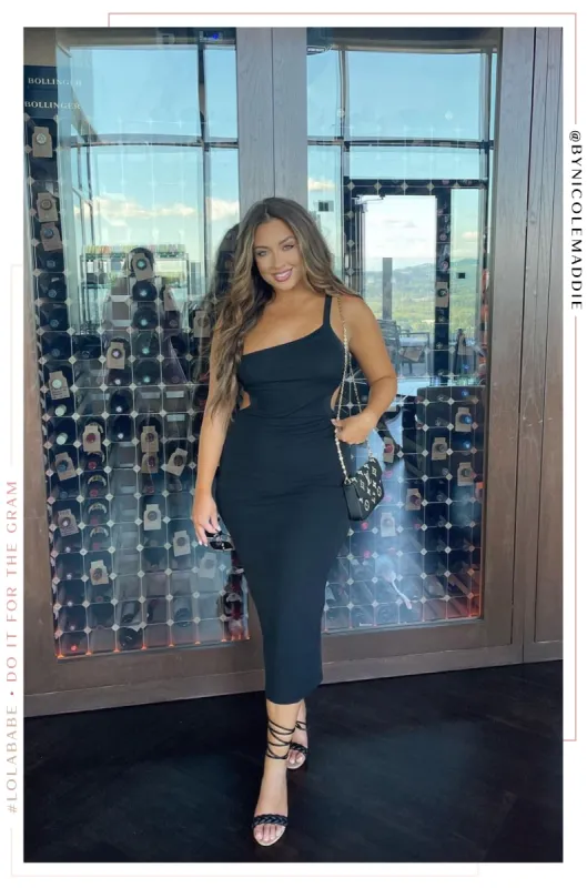 Anitta Cutout Asymmetrical Midi Dress - Black sold by Miss Lola